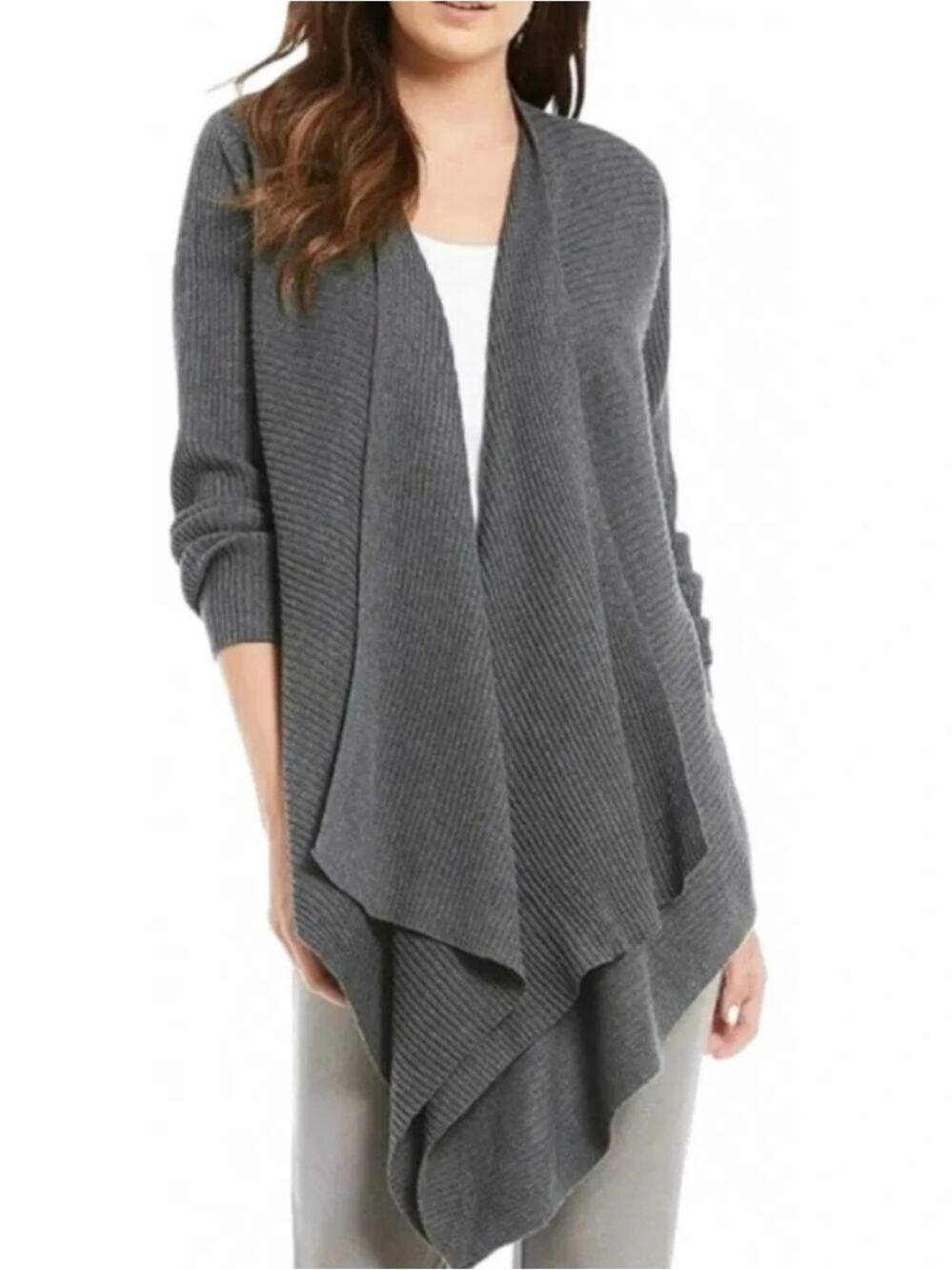 Eileen Fisher 100% Wool Angle Front Ribbed Wrap Cardigan Sweater Plus Size 2X